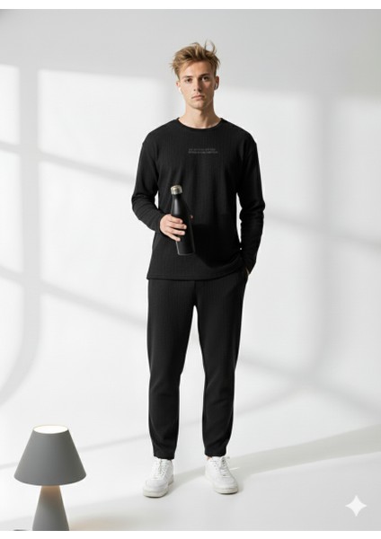 Unısex Fitilli Bisiklet Yaka Uzun Kollu Baskılı 2'li Takım