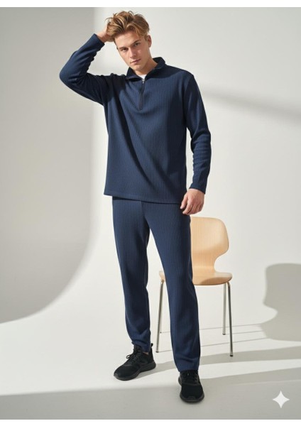 Unisex Fitilli Gömlek Yaka Fermuarlı Cepli Beli Lastikli Triko Alt Üst Takım