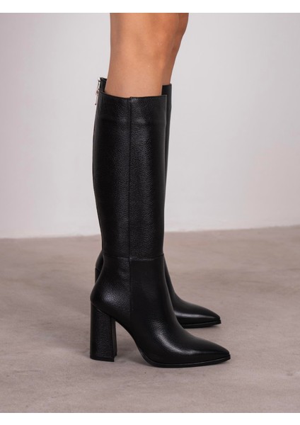 Fres Siyah Hakiki Deri Kadın Çizme