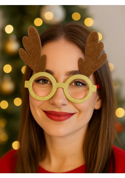 Yılbaşı Kahverengi Geyik Boynuzlu Parti Gözlüğü – Altın Simli Kostüm Aksesuarı