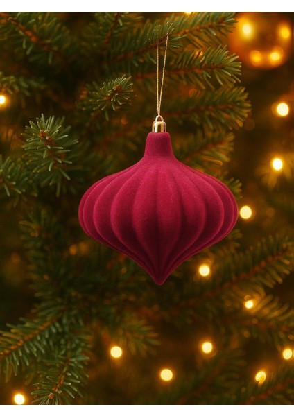 Kadife Yılbaşı Topu – Damla Form Çam Ağacı Süsü Bordo 13 cm 2'li