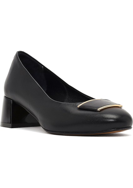 Kadın Siyah Kısa Kalın Topuklu Deri Topuklu Ayakkabı 25AFD412518