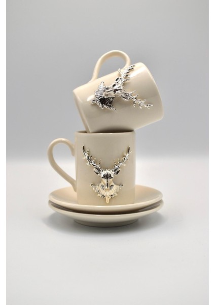 Şık Tasarım Porselen Geyikli 2 Li Fincan Set