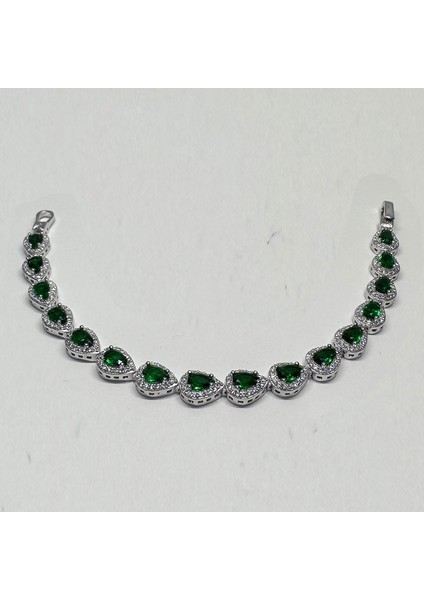 Gümüş Yeşil Zirkon Damla Taşlı 925 Ayar Kadın Bileklik - Doğum Günü, Sevgililer Günü, Anneler Günü, Yıldönümü Hediyesi - 18 cm