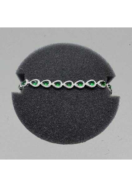 Gümüş Yeşil Zirkon Damla Taşlı 925 Ayar Kadın Bileklik - Doğum Günü, Sevgililer Günü, Anneler Günü, Yıldönümü Hediyesi - 18 cm