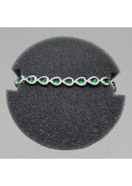 Gümüş Yeşil Zirkon Damla Taşlı 925 Ayar Kadın Bileklik - Doğum Günü, Sevgililer Günü, Anneler Günü, Yıldönümü Hediyesi - 18 cm