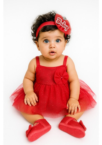 Kırmızı Tüllü Baby Yazılı Kız Bebek Saç Bandı ve Bez Patik Ayakkabı Seti 0-3 Ay fiyatları