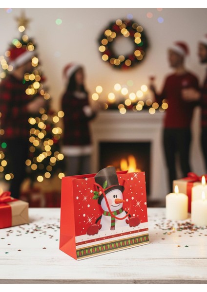 Yılbaşı Temalı Kardan Adam Desenli Hediye Çantası – Kırmızı 25X20X11 CM