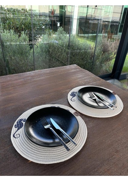 Homeinn 2'li Set Deniz Atı Işlemeli Amerikan Servis-Leke Tutmaz Natural 33 cm