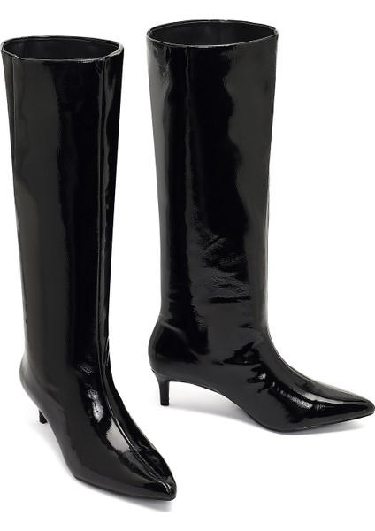 Kadın Siyah Kısa Ince Topuklu Rugan Çizme 25WFE481416