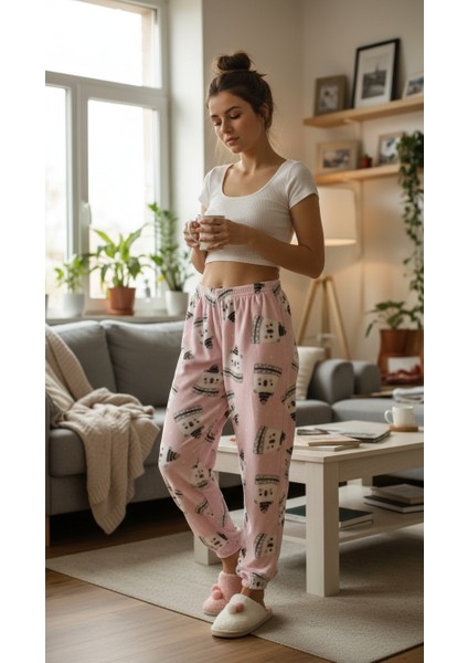 Kardan Adam Desenli Kadın Polar Pijama Altı