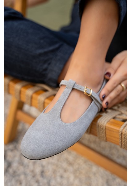 Judi Gri Süet Kadın Şerit Detaylı Babet modelleri