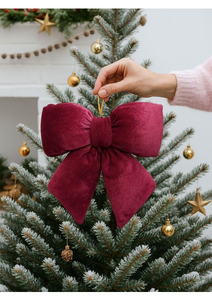 Yılbaşı Ağaç Süsü Kadife Fiyonk Elyaf Dolgulu Kurdele Dekor Süsü Bordo 21 cm