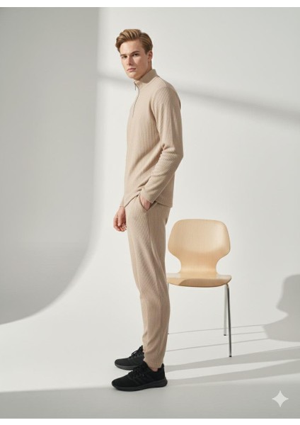 Unisex Fitilli Gömlek Yaka Fermuarlı Cepli Beli Lastikli Triko Alt Üst Takım