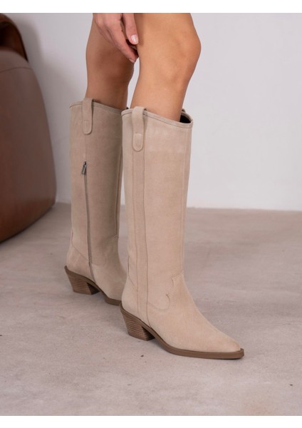 Emera Bej Süet Hakiki Deri Kadın Çizme