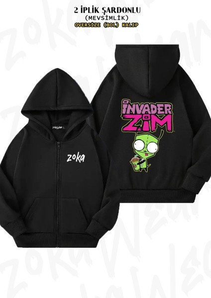 Unisex Invader Zim Gir Snacking Baskılı Oversize Sırt Baskılı Fermuarlı Kapşonlu Hırka