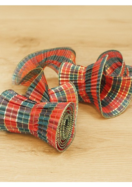 Yılbaşı Çam Ağacı Süsü Dekoratif Ekose Helezon Kurdele Kırmızı 12X270 cm