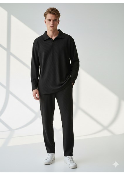 Unisex Fitilli Gömlek Yaka Uzun Kol Cepli Beli Lastikli 2'li Takım