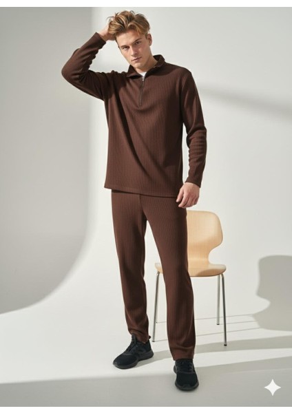 Unisex Fitilli Gömlek Yaka Fermuarlı Cepli Beli Lastikli Triko Alt Üst Takım