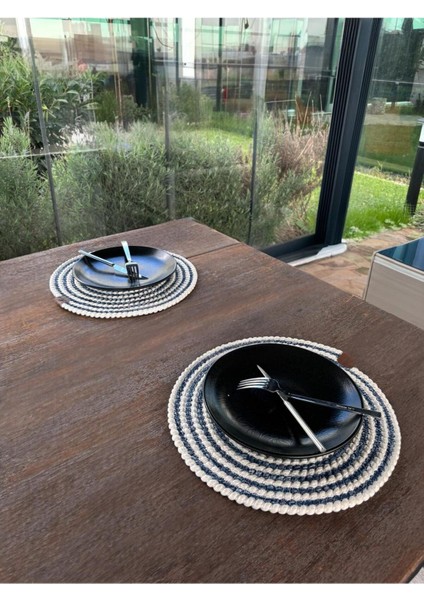 Homeinn 2 Kişilik Yuvarlak Amerikan Servis Leke Tutmaz - Supla Çizgili Mavi 33X33 cm