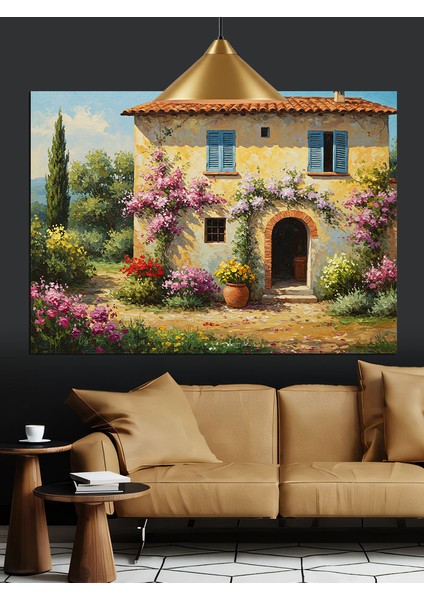 Köy Evi Çiçekli Bahçe Dekoratif Kanvas - Mdf Ahşap Tablo