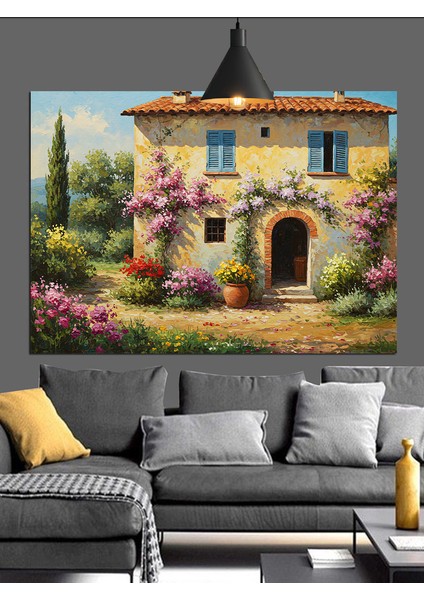 Köy Evi Çiçekli Bahçe Dekoratif Kanvas - Mdf Ahşap Tablo fiyatları