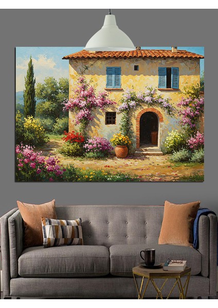 Köy Evi Çiçekli Bahçe Dekoratif Kanvas - Mdf Ahşap Tablo modelleri