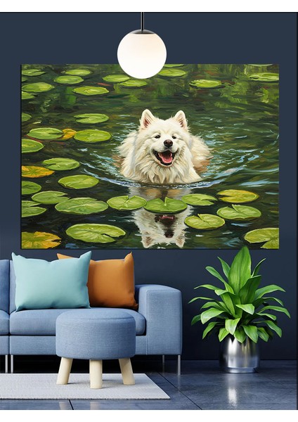 Gölde Yüzen Beyaz Kurt Dekoratif Kanvas - Mdf Ahşap Tablo