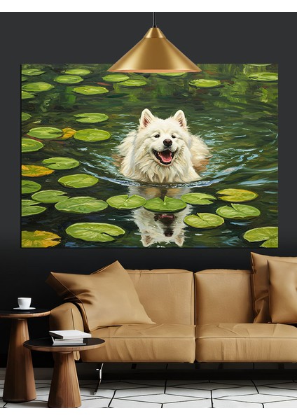Gölde Yüzen Beyaz Kurt Dekoratif Kanvas - Mdf Ahşap Tablo fiyatları