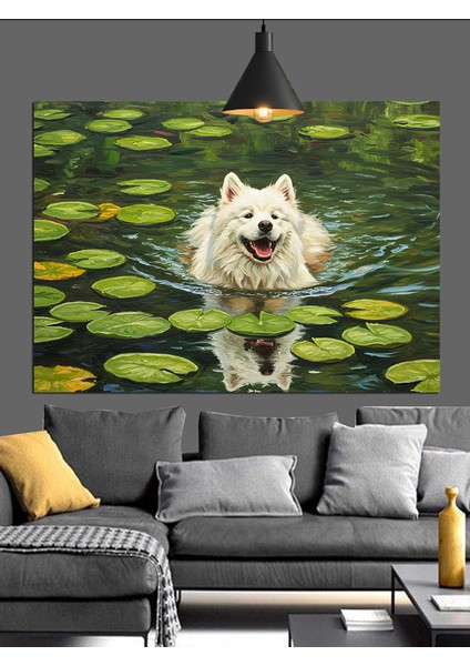Gölde Yüzen Beyaz Kurt Dekoratif Kanvas - Mdf Ahşap Tablo modelleri