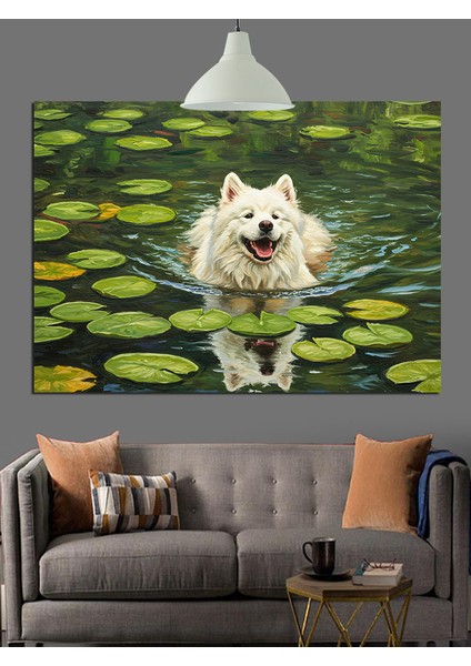 Gölde Yüzen Beyaz Kurt Dekoratif Kanvas - Mdf Ahşap Tablo fırsatları