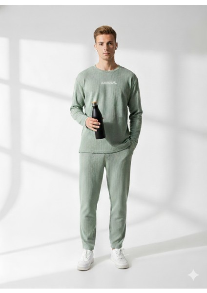 Unısex Fitilli Bisiklet Yaka Uzun Kollu Baskılı 2'li Takım