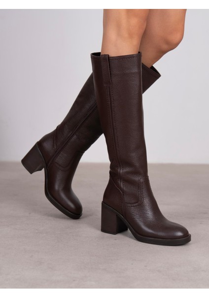Nives Kahve Hakiki Deri Kadın Çizme