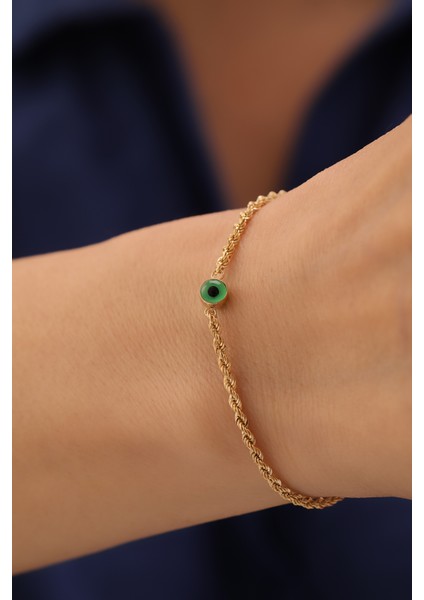 14 Ayar Altın Halat Zincir Nazar Boncuklu Yeşil Göz Bileklik