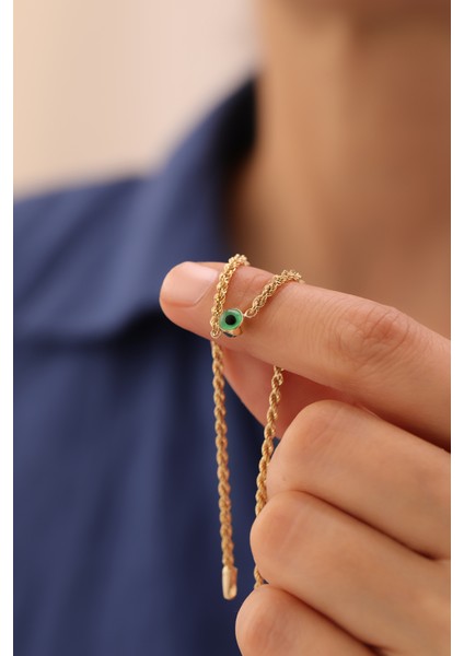 14 Ayar Altın Halat Zincir Nazar Boncuklu Yeşil Göz Bileklik fiyatları