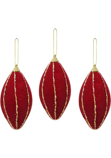 Yılbaşı Ağaç Süsü Simli Kadife Damla Sarkıt Dekoratif Süs Bordo 12 cm 3'lü modelleri