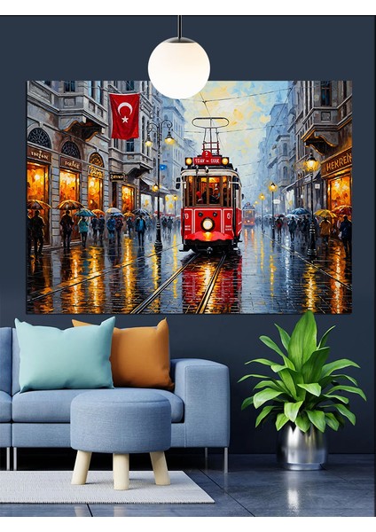 Kırmızı Tramvay Şehir Sokak Dekoratif Kanvas - Mdf Ahşap Tablo