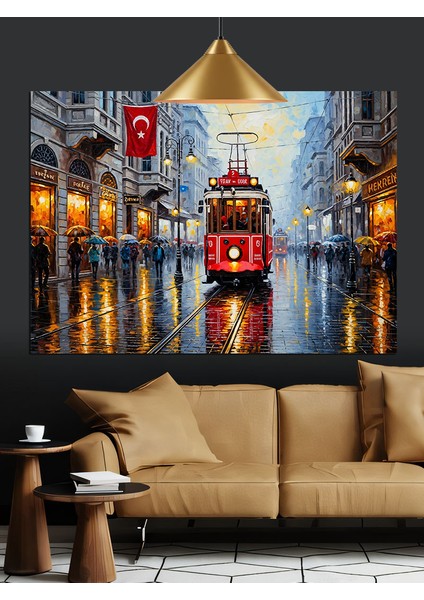Kırmızı Tramvay Şehir Sokak Dekoratif Kanvas - Mdf Ahşap Tablo fiyatları