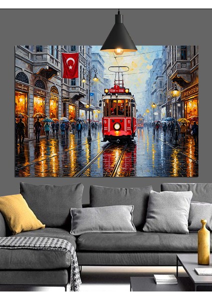 Kırmızı Tramvay Şehir Sokak Dekoratif Kanvas - Mdf Ahşap Tablo modelleri