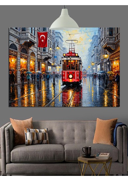 Kırmızı Tramvay Şehir Sokak Dekoratif Kanvas - Mdf Ahşap Tablo fırsatları