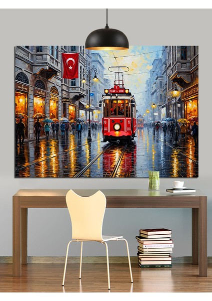Kırmızı Tramvay Şehir Sokak Dekoratif Kanvas - Mdf Ahşap Tablo indirimleri