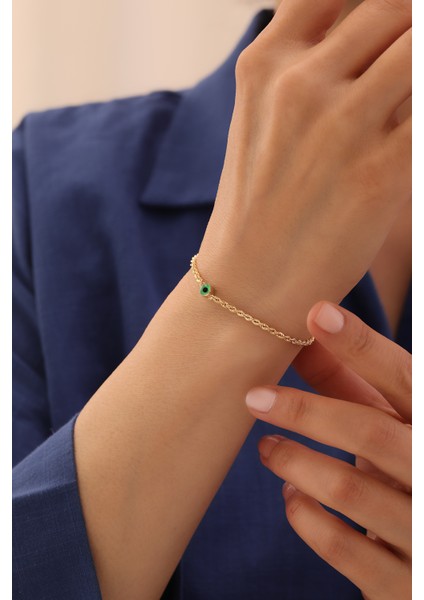 14 Ayar Altın Halat Zincir Nazar Boncuklu Yeşil Göz Bileklik modelleri