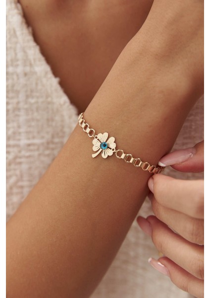 14 Ayar Altın Nazar Boncuklu Yonca Bileklik