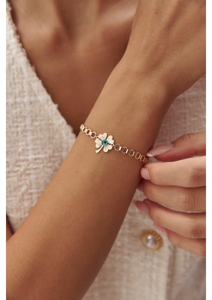 14 Ayar Altın Nazar Boncuklu Yonca Bileklik modelleri