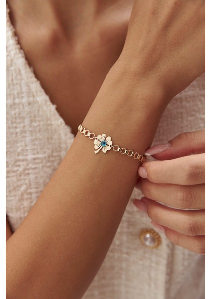 14 Ayar Altın Nazar Boncuklu Yonca Bileklik fırsatları