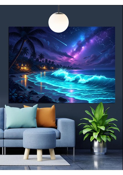 Yıldızlar, Renkli Gökyüzü Manzarası Dekoratif Kanvas - Mdf Ahşap Tablo