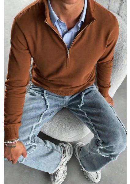 Erkek Kahverengi Regular Fit Yarım Pat Fermuarlı Yaka Triko Kazak