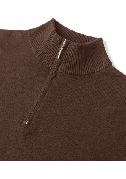 Erkek Kahverengi Regular Fit Yarım Pat Fermuarlı Yaka Triko Kazak fiyatları