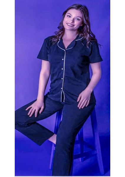 Ercan Kadın Kısa Kol Lacivert Gömlek Pijama Takımı modelleri