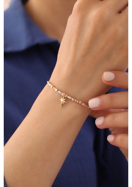 14 Ayar Altın Üç Renk Sallantılı Kuzey Yıldızı Bileklik